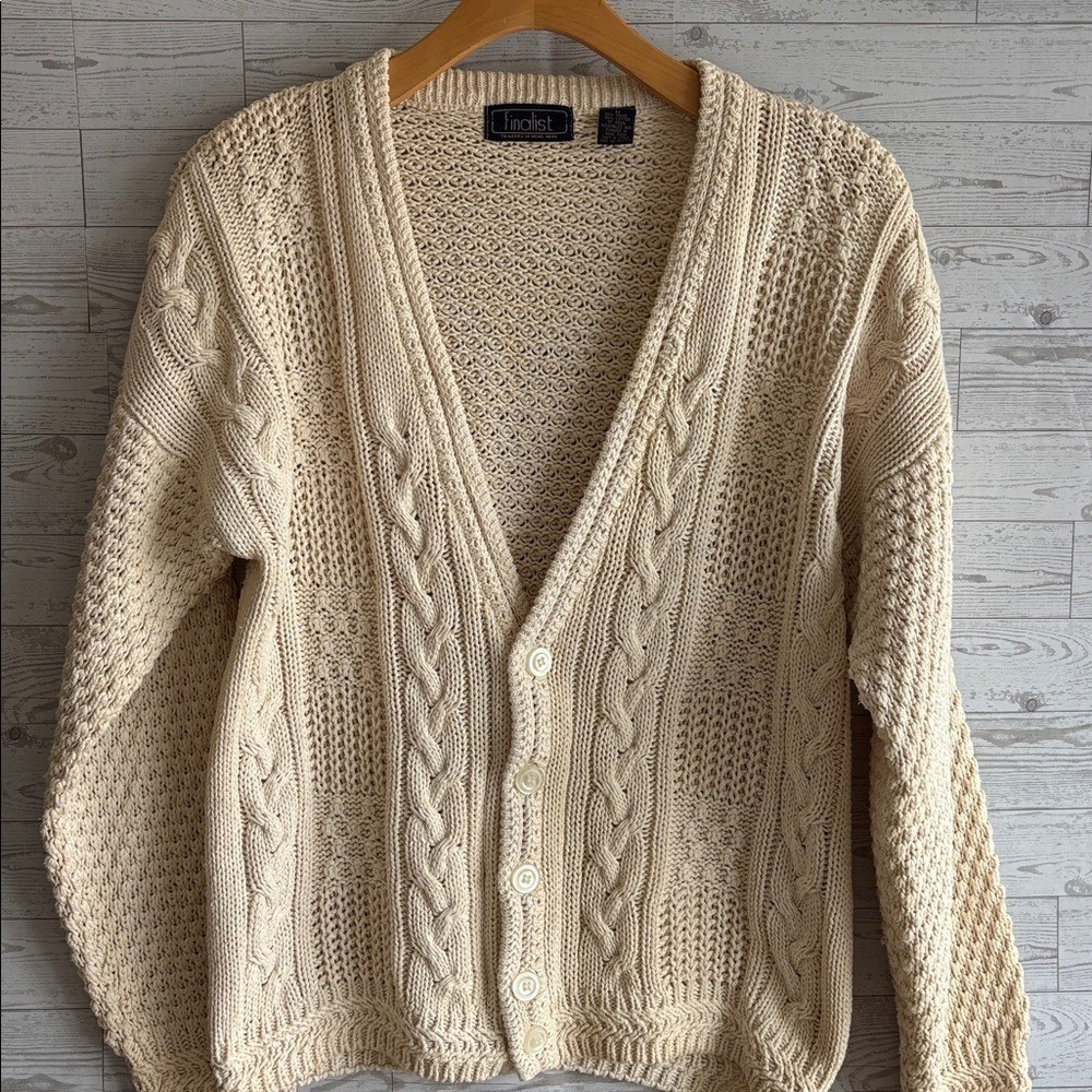 Vintage Sweater Cream CableKnit Ramie Cardigan fisherman chunky y2k cabin medium